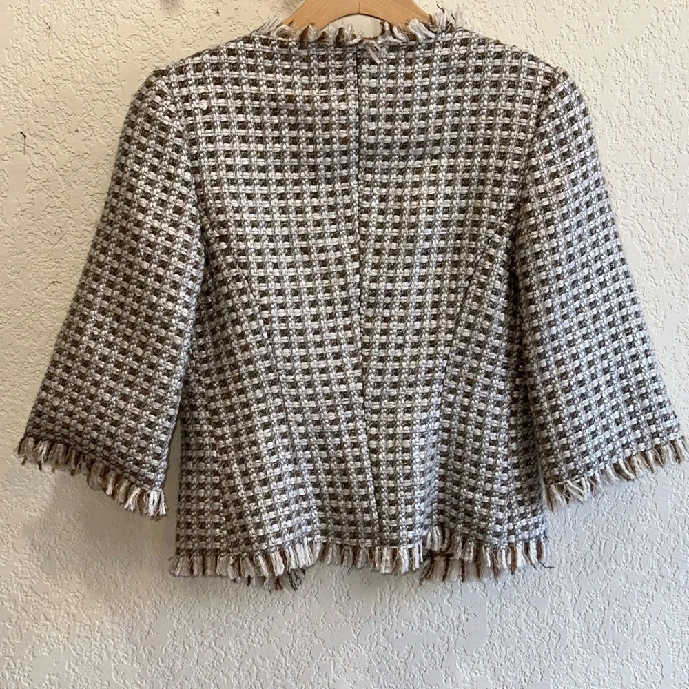 Trina Turk 3/4 Sleeve Plaid Blazer Jacket Fringe Rhinestone Shimmer Size 2